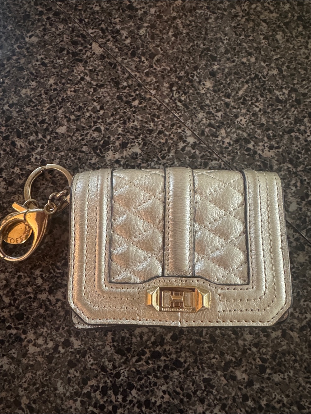 Rebecca Minkoff Metallic Silver Quilted Key & Card Holder with Gold Hardware